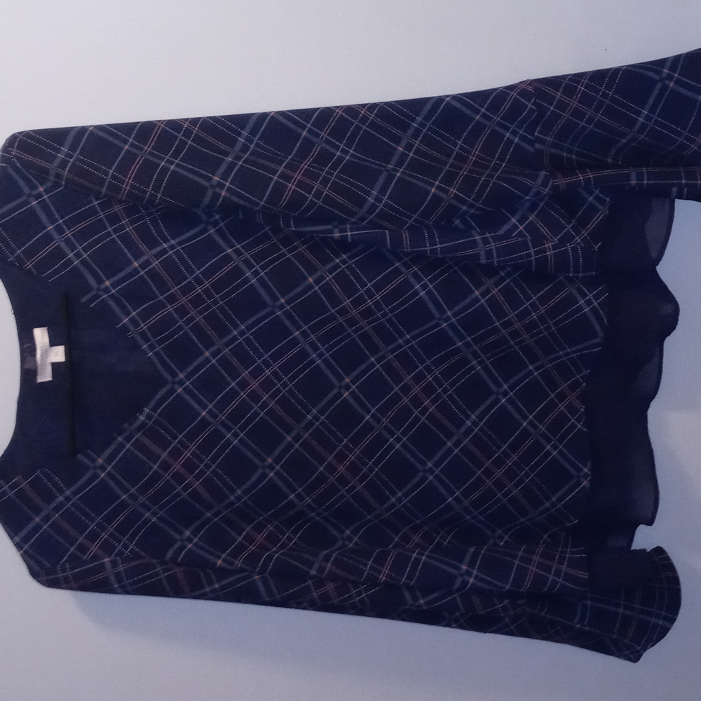 Lauren Conrad Size M Blouse. Dark blue with peach plaid